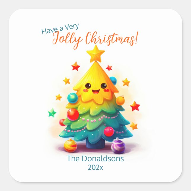 Funny Retro Christmas Tree Square Sticker (Front)