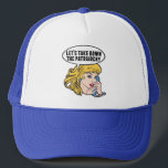 Funny Retro Feminist Pop Art Anti Patriarchy Trucker Hat<br><div class="desc">Let's Take Down the Patriarchy gift. Cute retro pop art feminism design for a strong pro choice woman voting for female leadership in our country. Stand up for women's rights and female empowerment with this cool political humour cartoon that features a pretty blonde leader planning a women's march on a...</div>