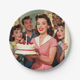 Funny Retro Friends Celebrating a Birthday Paper Plate