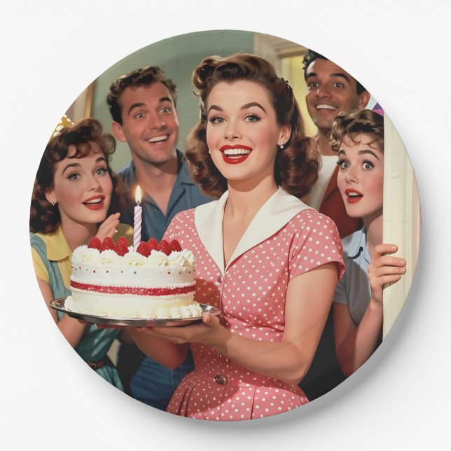 Funny Retro Friends Celebrating a Birthday Paper Plate (Front)