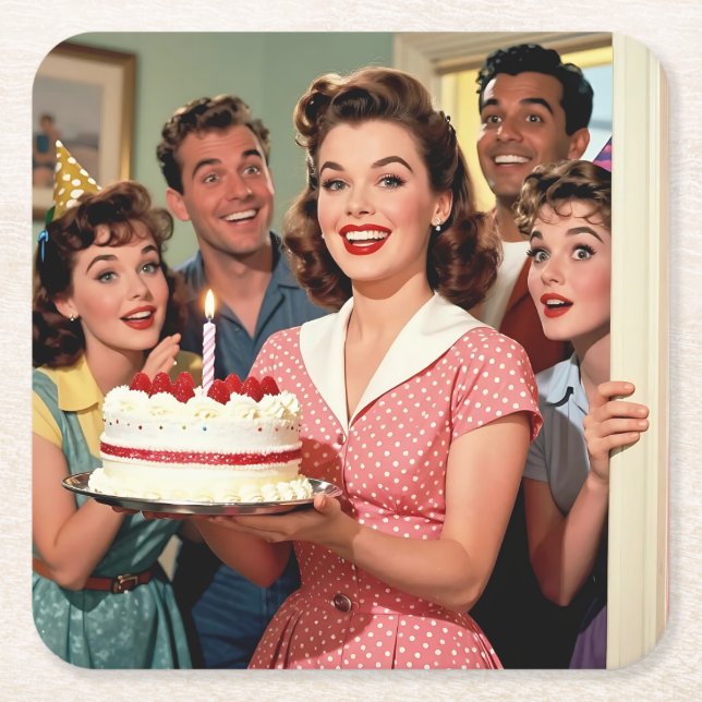 Funny Retro Friends Celebrating a Birthday Square Paper Coaster (Front)