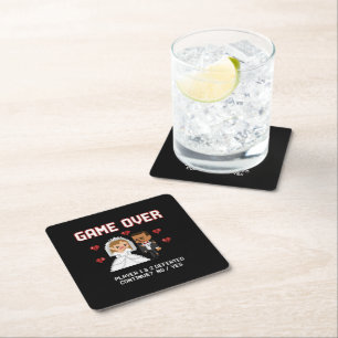 Funny Retro Gamer Wedding "Game Over" Pixel Art Square Paper Coaster