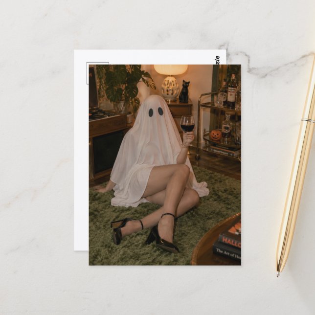 Funny Retro Ghost With Wine Postcard (Front/Back In Situ)