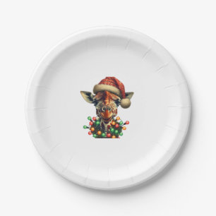 Funny Retro Giraffe Lover Santa Christmas Tree Lig Paper Plate