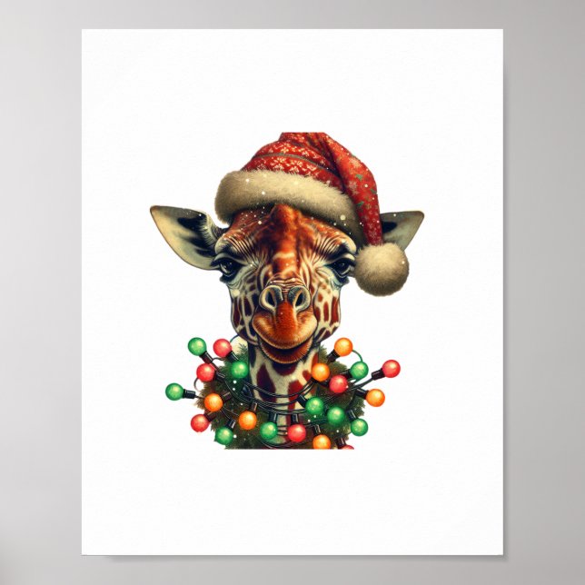 Funny Retro Giraffe Lover Santa Christmas Tree Lig Poster (Front)