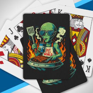 Funny Retro Green Alien UFO BBQ Grill Sunglasses Playing Cards