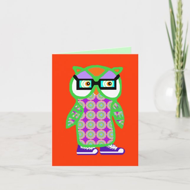 Funny Retro Green Hipster Owl Blank Greeting Card (Front)
