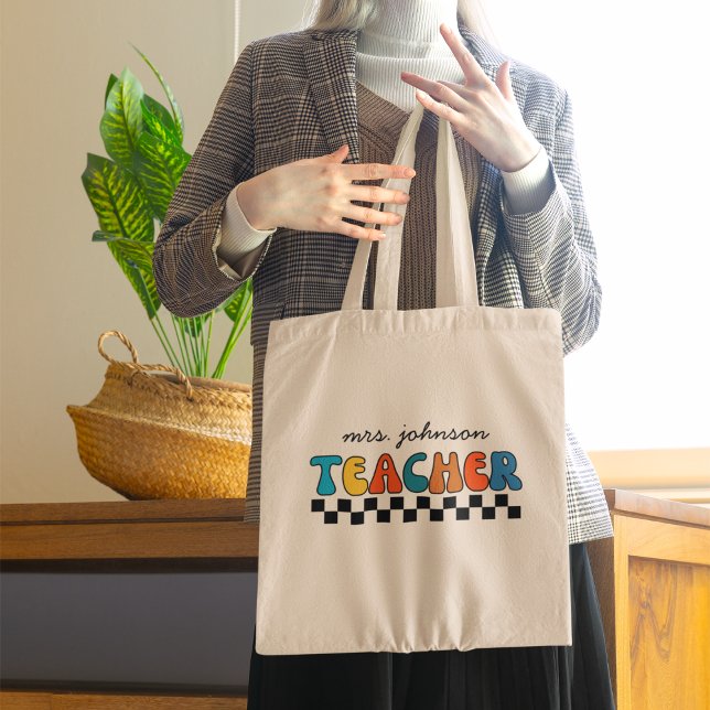 Funny Retro Groovy & Chequered Teacher  Tote Bag (Creator Uploaded)