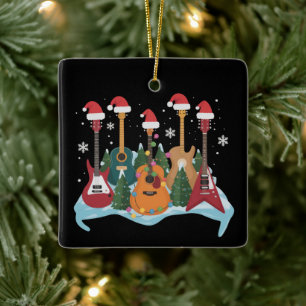 Funny Retro Guitar Christmas Tree Holiday Xmas Ceramic Ornament
