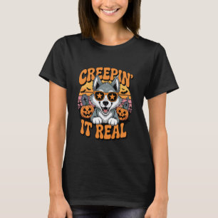 Funny Retro Halloween Husky Creepin It Real 2 T-Shirt
