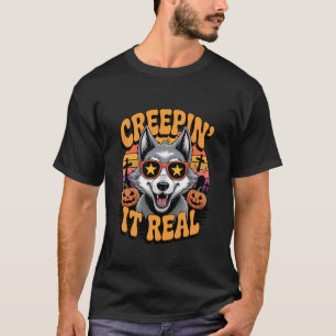 Funny Retro Halloween Husky Creepin It Real T-Shirt
