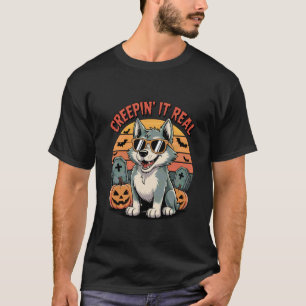 Funny Retro Halloween Husky Dog Creepin It Real T-Shirt