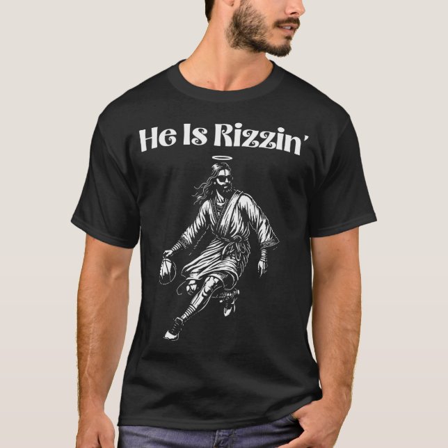 Funny Retro He Is Rizzin Christian Easter Playing  T-Shirt (Front)
