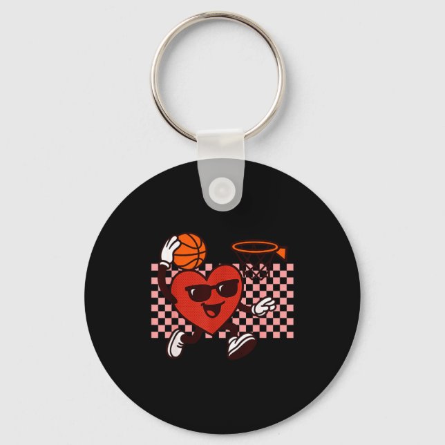 Funny Retro Heart Graphic Basketball Player Kids V Key Ring (Front)