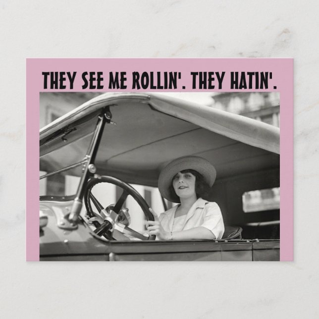 FUNNY RETRO HOUSEWIFE THEY SEE ME ROLLIN Postcards (Front)