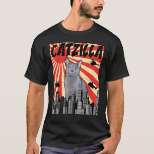 Funny Retro Japanese Catzilla Russian Blue Cat T-Shirt