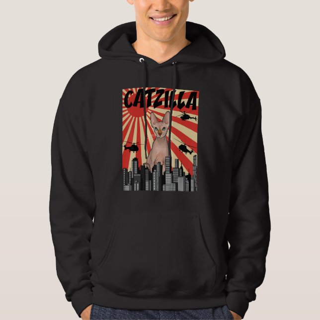 Funny Retro Japanese Catzilla Sphynx Cat Hoodie (Front)