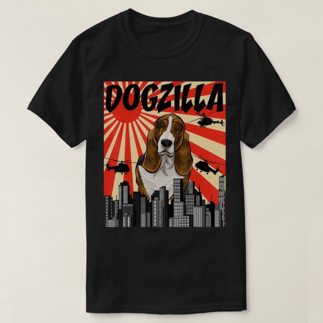 Funny Retro Japanese Dogzilla Basset Hound  T-Shirt (Design Front)
