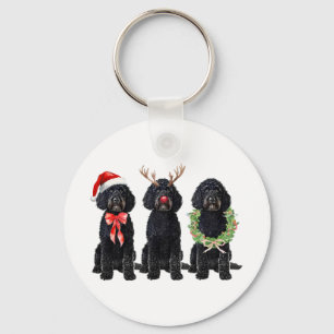 Funny Retro Santa Black Goldendoodle Dog Reindeer Key Ring