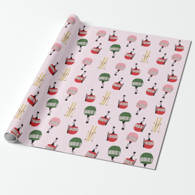 Funny Retro Ski Lift Gondola Winter Skiing Pink Wrapping Paper (Unrolled)