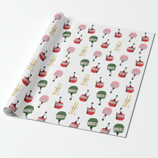 Funny Retro Ski Lift Gondola Winter Skiing Skiers Wrapping Paper (Unrolled)