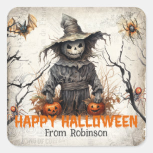 Funny retro spooky Halloween graveyard scarecrow Square Sticker