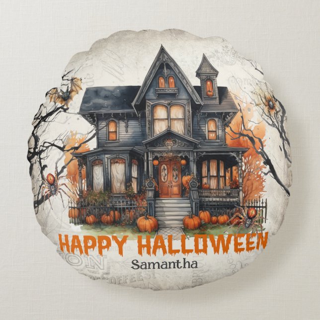 Funny retro spooky Halloween haunted house Round Cushion (Front)