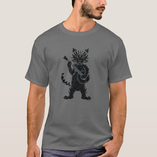 Funny Retro Style Bluegrass Tabby Cat Banjo String T-Shirt (Front)