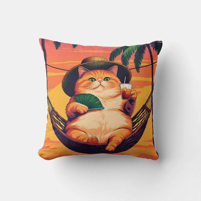 Funny Retro Summer Cat Vacation Cushion (Front)