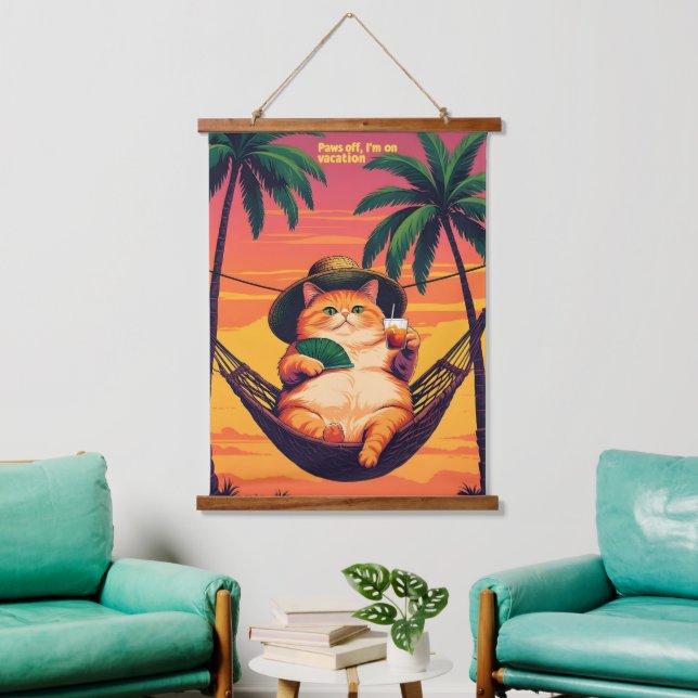 Funny Retro Summer Cat Vacation Hanging Tapestry (Living Room)