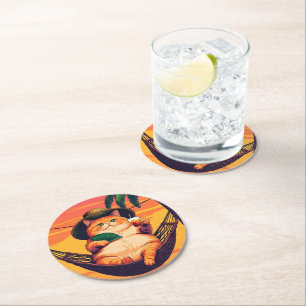 Funny Retro Summer Cat Vacation Round Paper Coaster