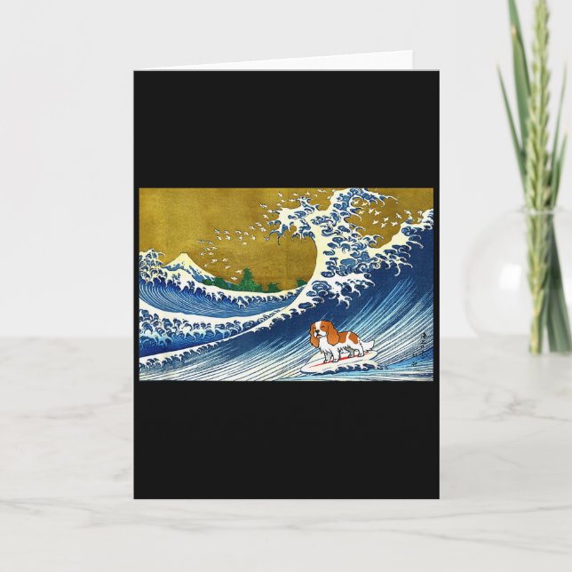 Funny Retro Vintage Surfing Wave Cavalier Spaniel  Card (Front)
