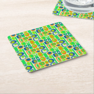 Funny Retro Wallpaper - orange green blue Square Paper Coaster