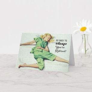 Funny retro woman in pyjamas retirement card