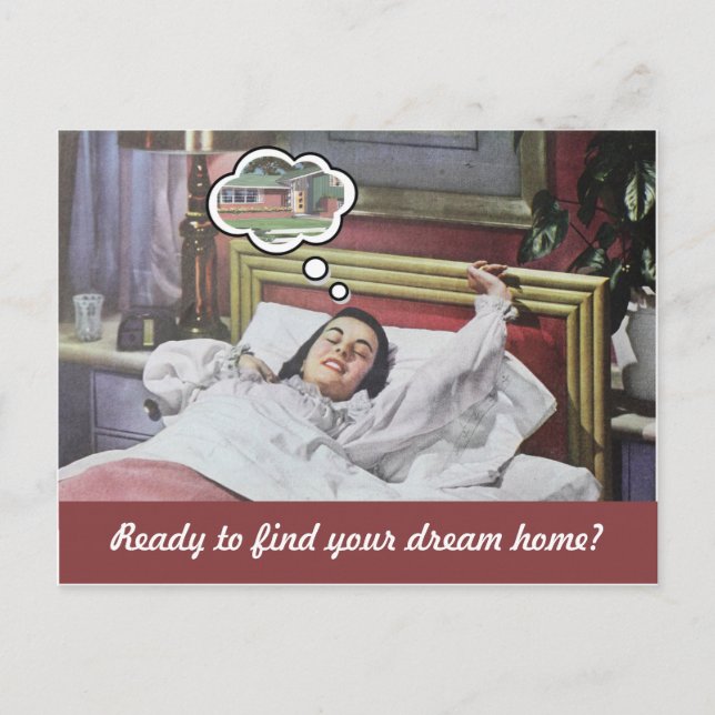 Funny retro woman real estate marketing postcard (Front)