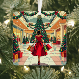 Funny Retro Woman Shopping Mid Century Christmas Metal Tree Decoration