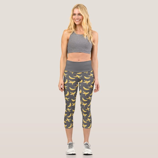 Funny Retro Yellow Banana Pattern Party Editable Capri Leggings (Front)