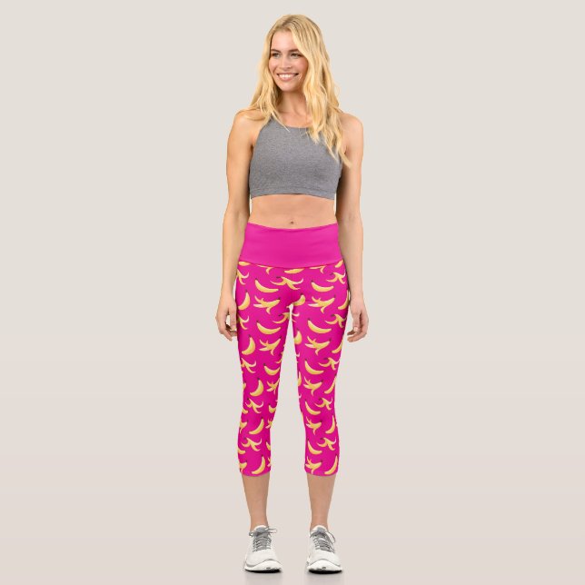 Funny Retro Yellow Banana Pattern Party Editable Capri Leggings (Front)