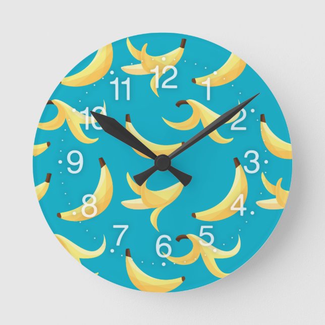 Funny Retro Yellow Banana Pattern Party Editable Round Clock (Front)