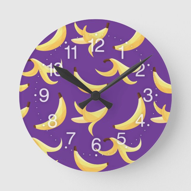 Funny Retro Yellow Banana Pattern Party Editable Round Clock (Front)