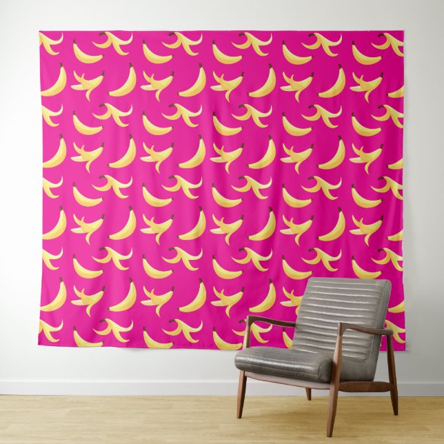 Funny Retro Yellow Banana Pattern Party Editable Tapestry (In Situ (Horizontal))