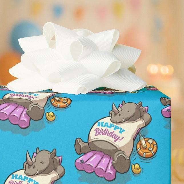 Funny Rhino Happy Birthday! Pool Party Cartoon Wrapping Paper (Creator Uploaded)