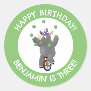 Funny rhino on unicycle personalised birthday classic round sticker