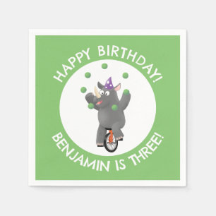 Funny rhino on unicycle personalised birthday napkin