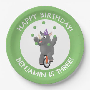 Funny rhino on unicycle personalised birthday paper plate