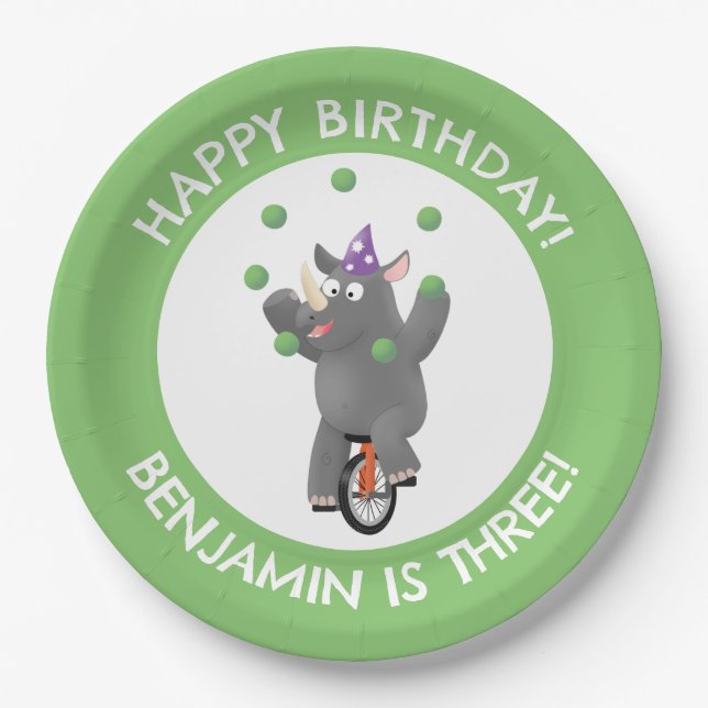 Funny rhino on unicycle personalised birthday paper plate (Front)