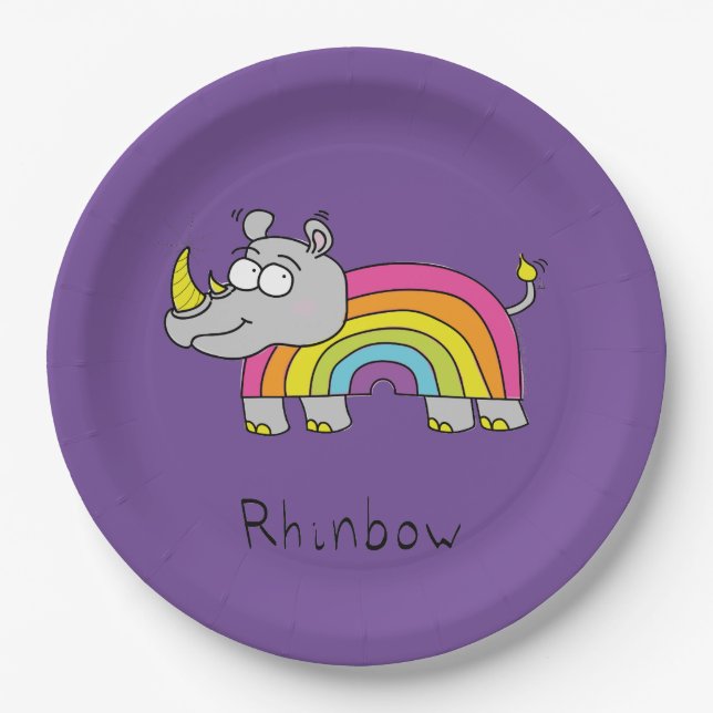 Funny Rhino Rainbow Cute Rhinoceros Kids Cartoon Paper Plate (Front)