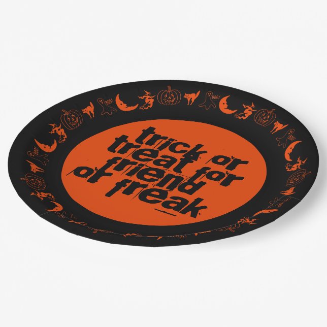 Funny Rhyme Trick or Treat Halloween Orange Black Paper Plate (Angled)