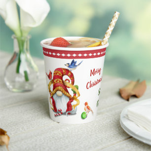 Funny Ribbon Gnome with Birds Christmas Paper Cups