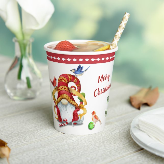 Funny Ribbon Gnome with Birds Christmas Paper Cups (Insitu)